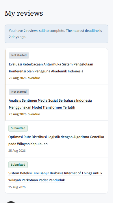 The Scholaris reviewer queue: four assigned papers with status, dates and scores. Two are marked overdue.